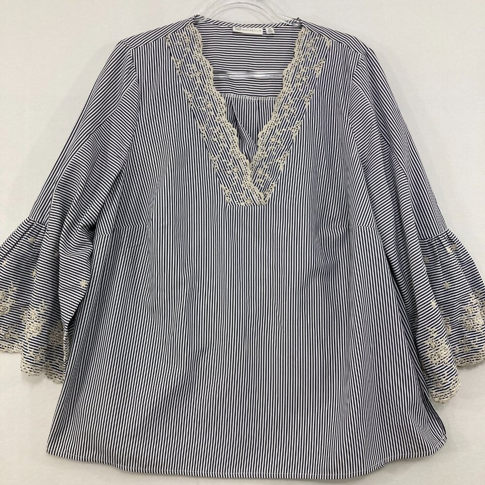 Rafaella Top size 1X V neck Lace Embroidered Striped Preppy Bell Sleeve Feminine